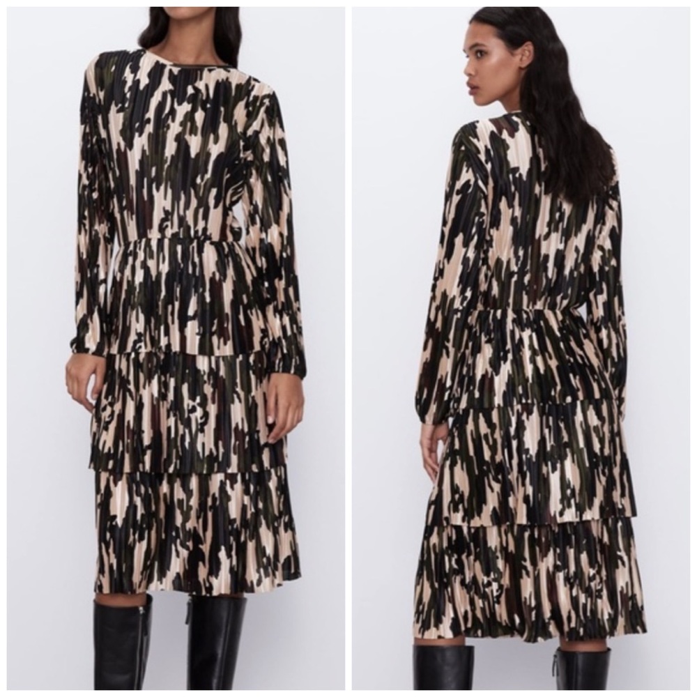 ZARA Camo Print Pleated Tiered Dress